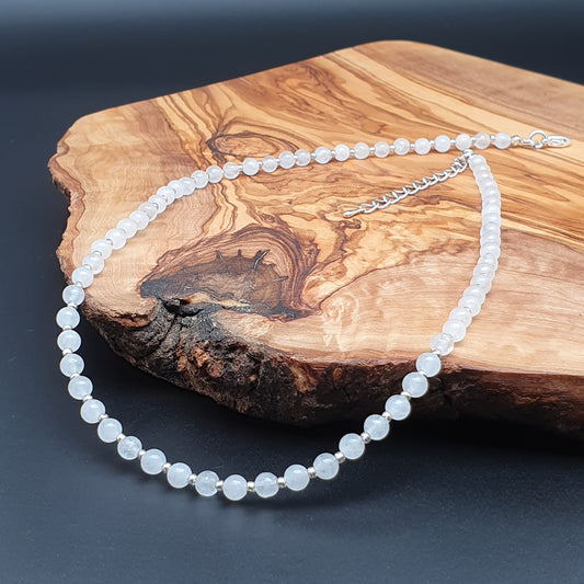 White Snow Quartz Beaded Collar Necklace Silver Plated