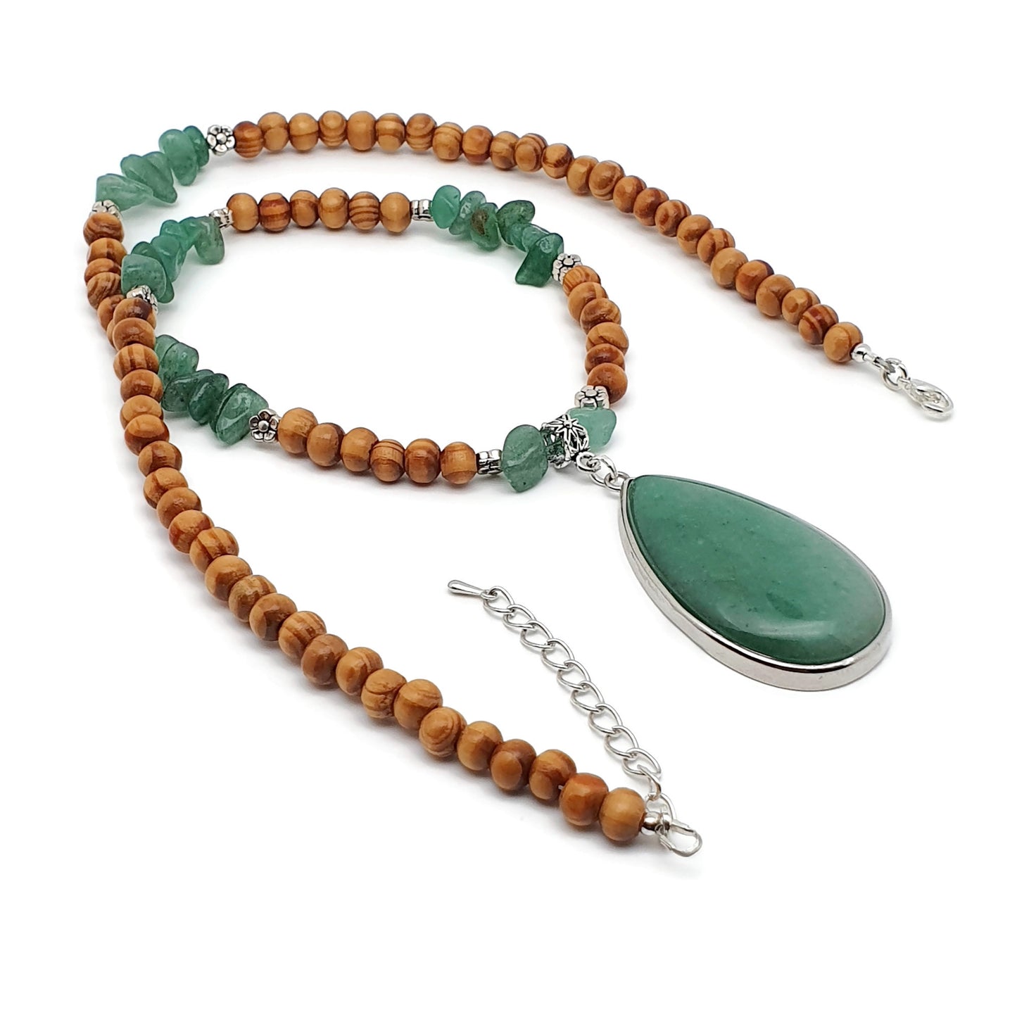 Green Aventurine And Brown Wood Beaded Boho Necklace Large Teardrop Pendant