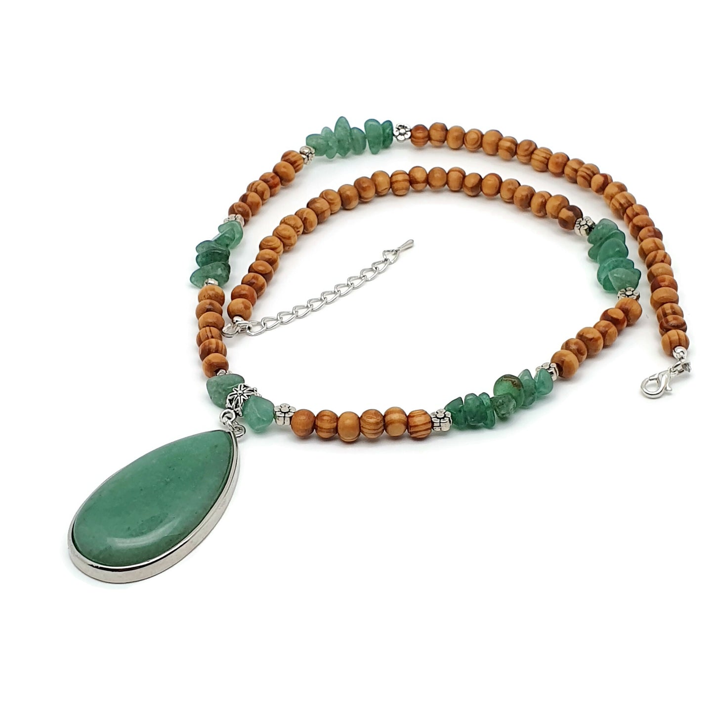 Green Aventurine And Brown Wood Beaded Boho Necklace Large Teardrop Pendant