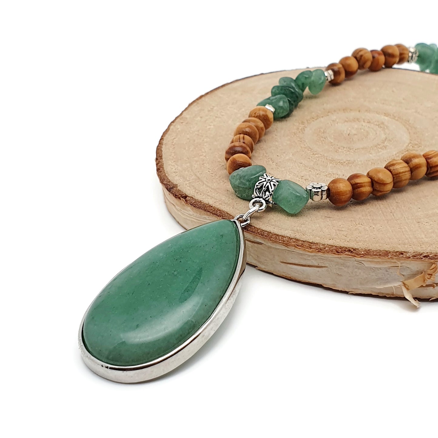 Green Aventurine And Brown Wood Beaded Boho Necklace Large Teardrop Pendant