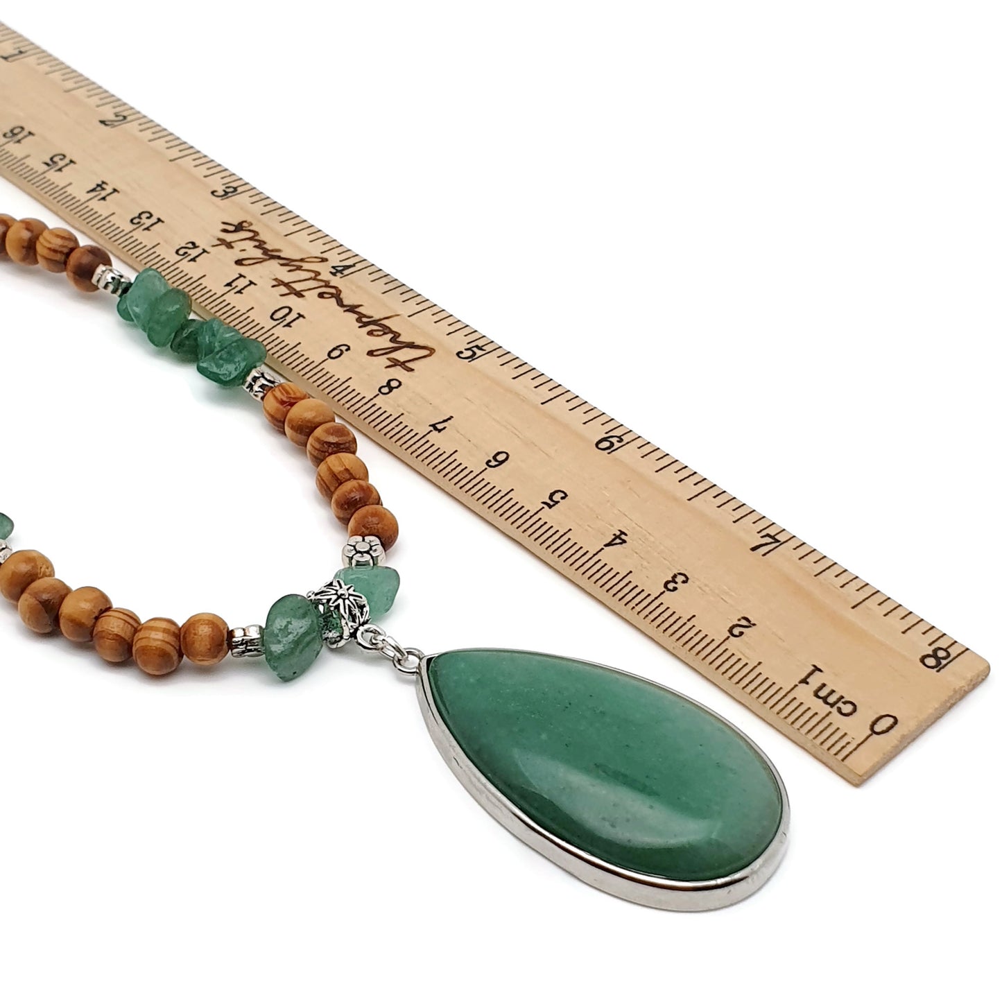 Green Aventurine And Brown Wood Beaded Boho Necklace Large Teardrop Pendant