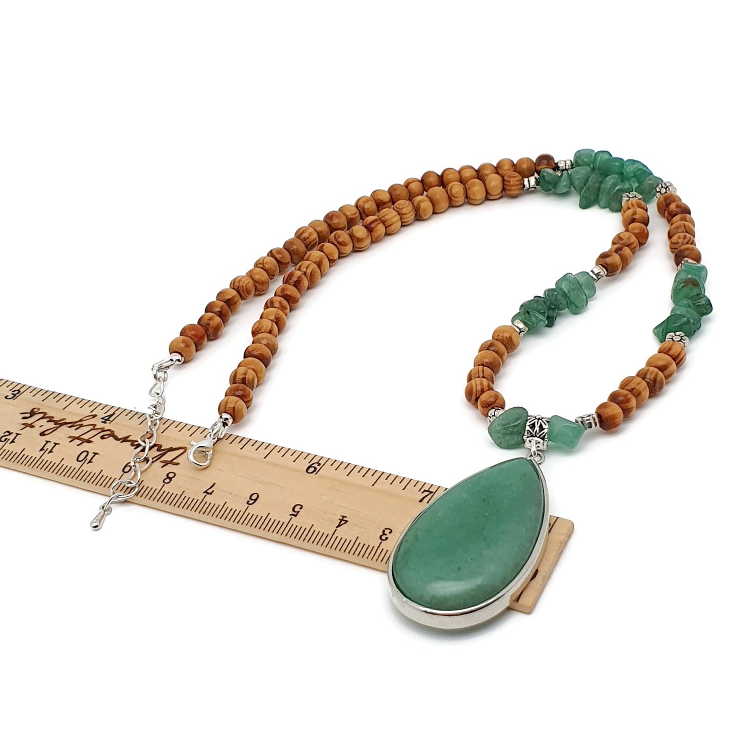 Green Aventurine And Brown Wood Beaded Boho Necklace Large Teardrop Pendant