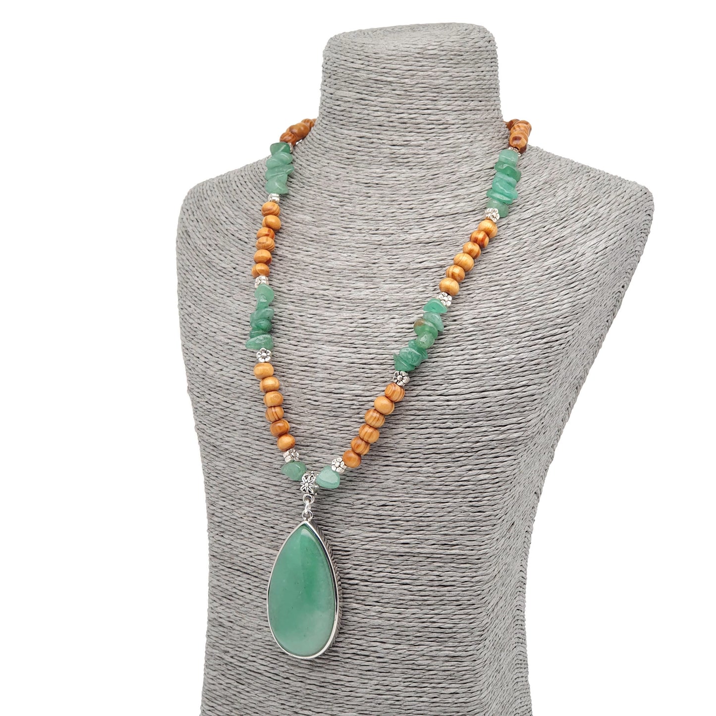 Green Aventurine And Brown Wood Beaded Boho Necklace Large Teardrop Pendant