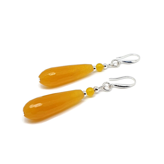 Yellow Chalcedony Beaded Teardrop Earrings Long Dangle Drop