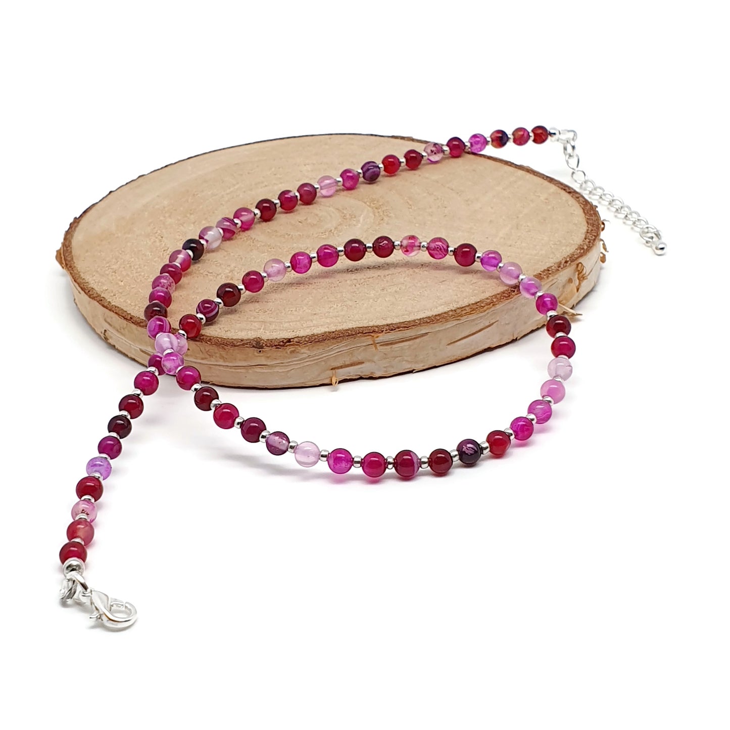 Rose Red Agate Beaded Collar Necklace Silver Plated