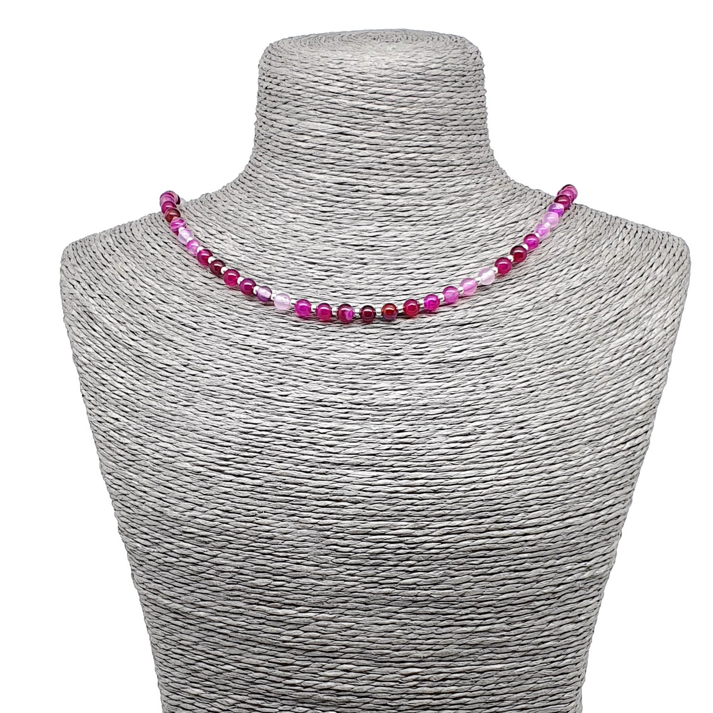 Rose Red Agate Beaded Collar Necklace Silver Plated