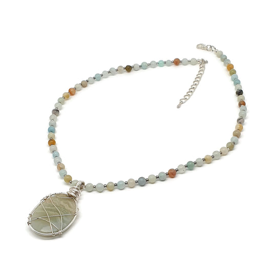 Natural Amazonite Short Collar Boho Necklace With Wire Wrapped Pendant