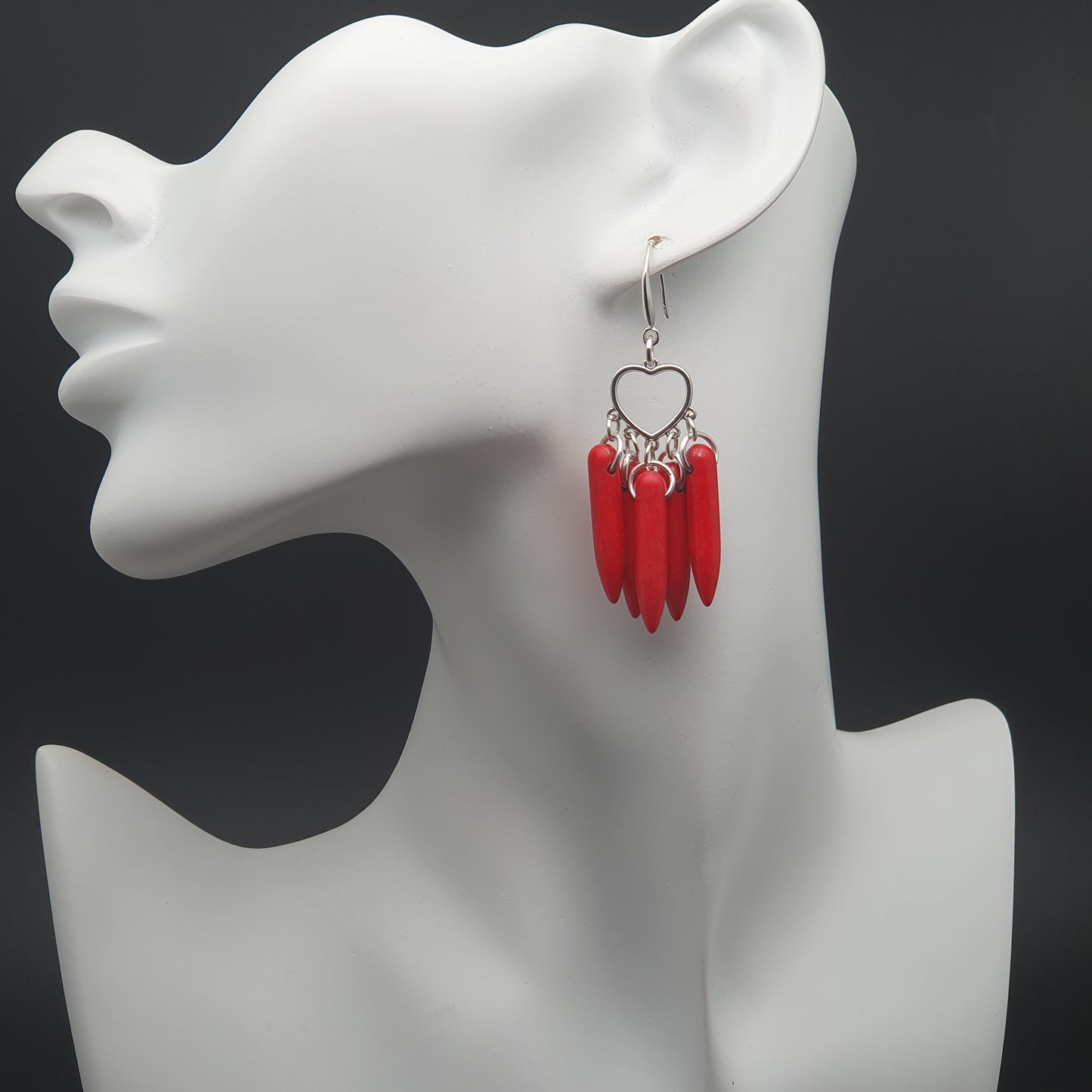 Red Howlite Boho Earrings Heart Chandelier Long Dangle Drop