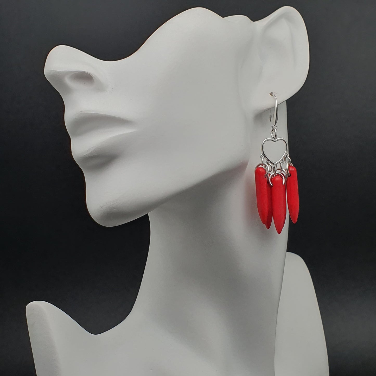 Red Howlite Boho Earrings Heart Chandelier Long Dangle Drop