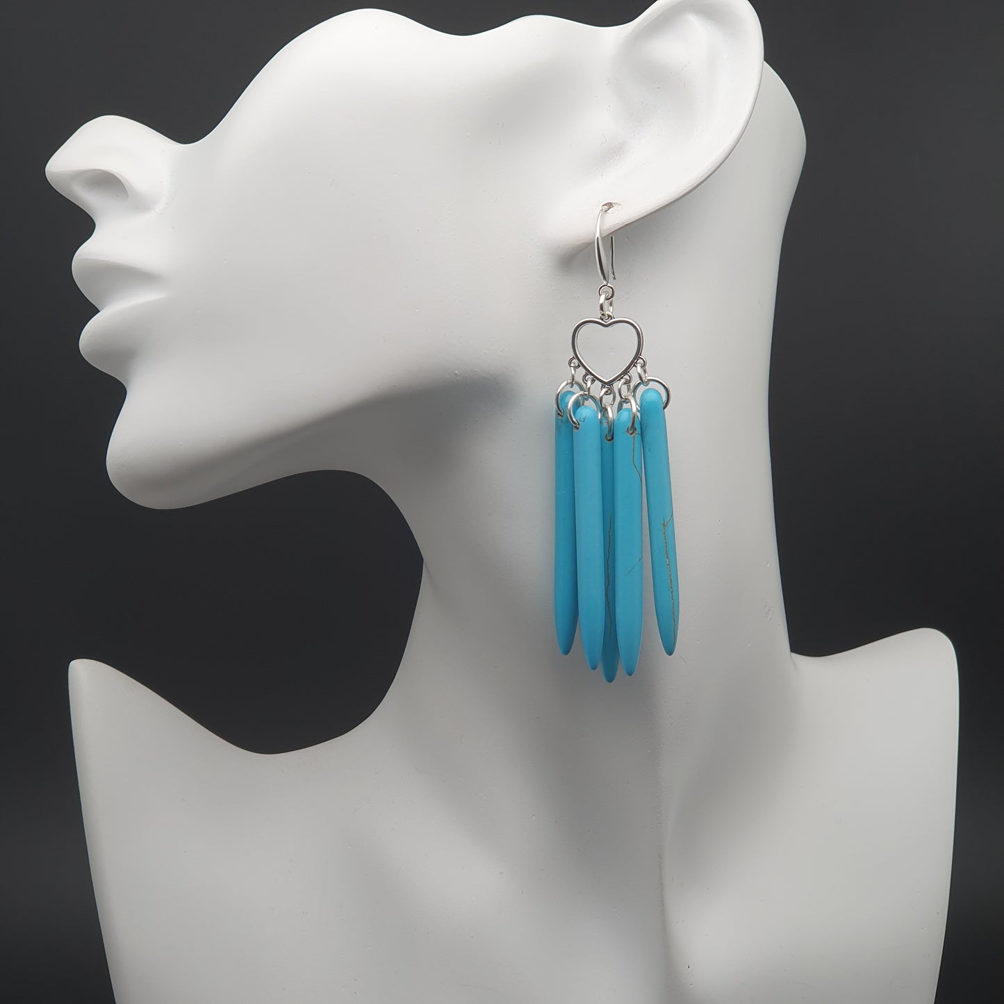 Long Blue Howlite Earrings Dangle Drop Heart Chandelier