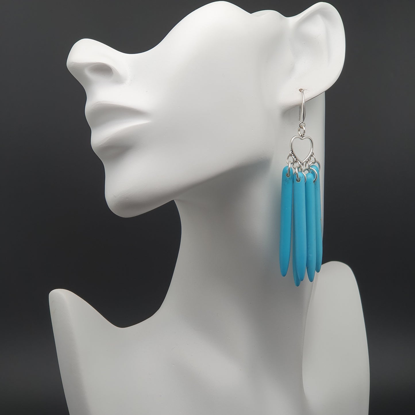 Long Blue Howlite Earrings Dangle Drop Heart Chandelier