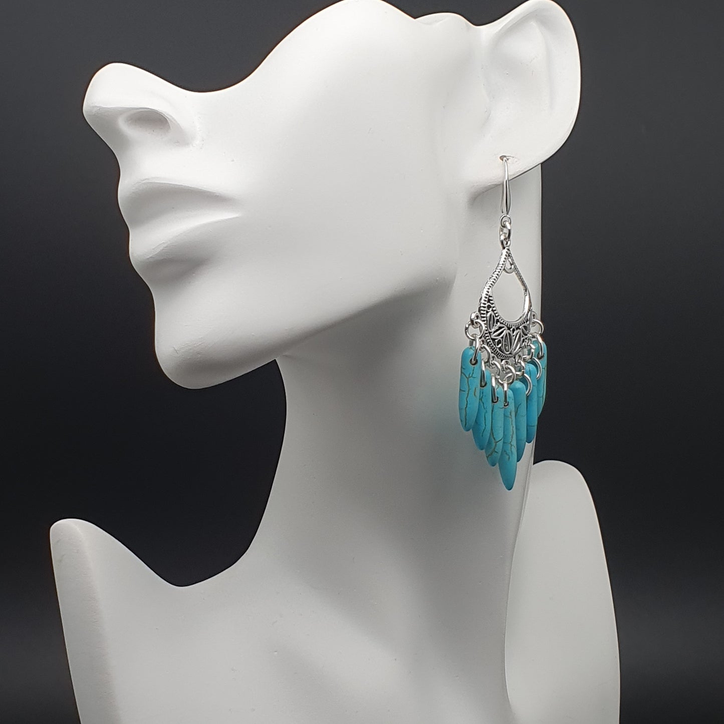 Turquoise Blue Howlite Chandelier Boho Earrings Long Dangle Drop