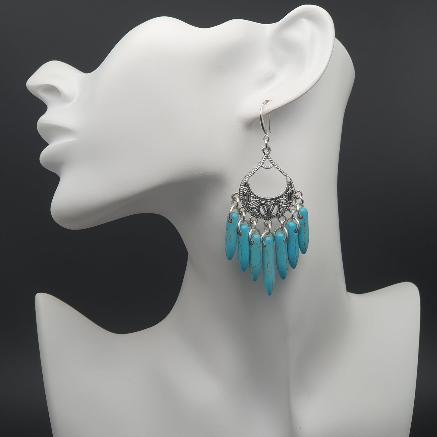 Turquoise Blue Howlite Chandelier Boho Earrings Long Dangle Drop