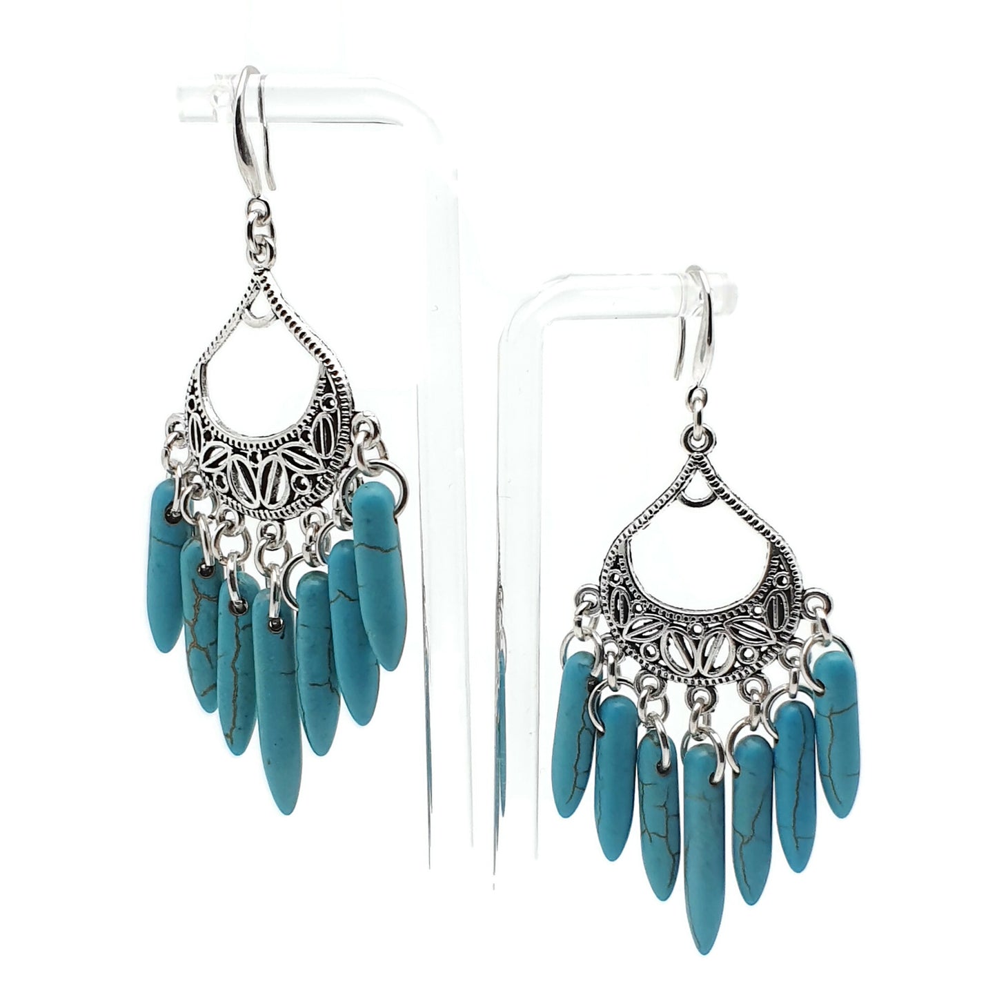 Turquoise Blue Howlite Chandelier Boho Earrings Long Dangle Drop