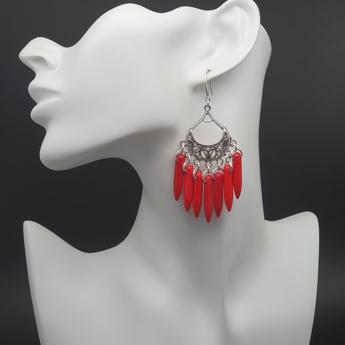 Dyed Red Howlite Chandelier Boho Earrings Long Dangle Drop