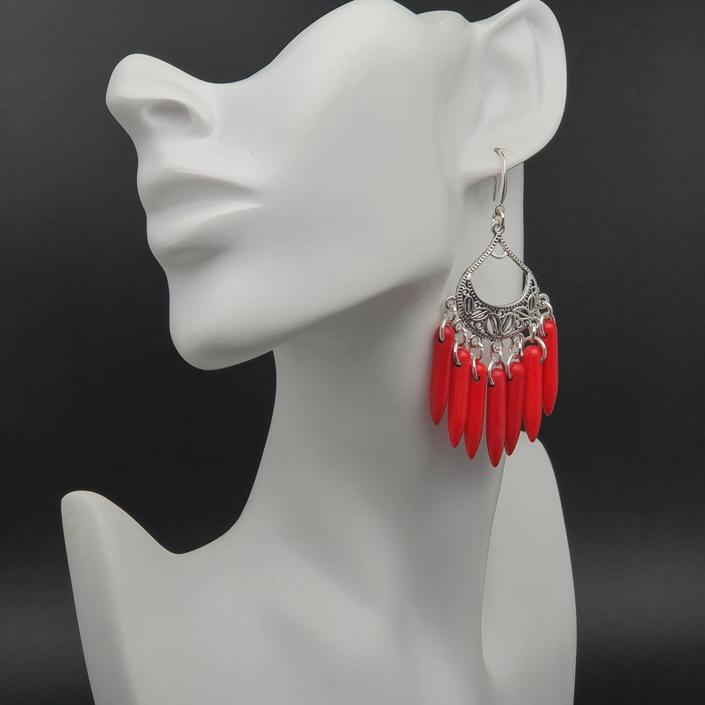 Dyed Red Howlite Chandelier Boho Earrings Long Dangle Drop