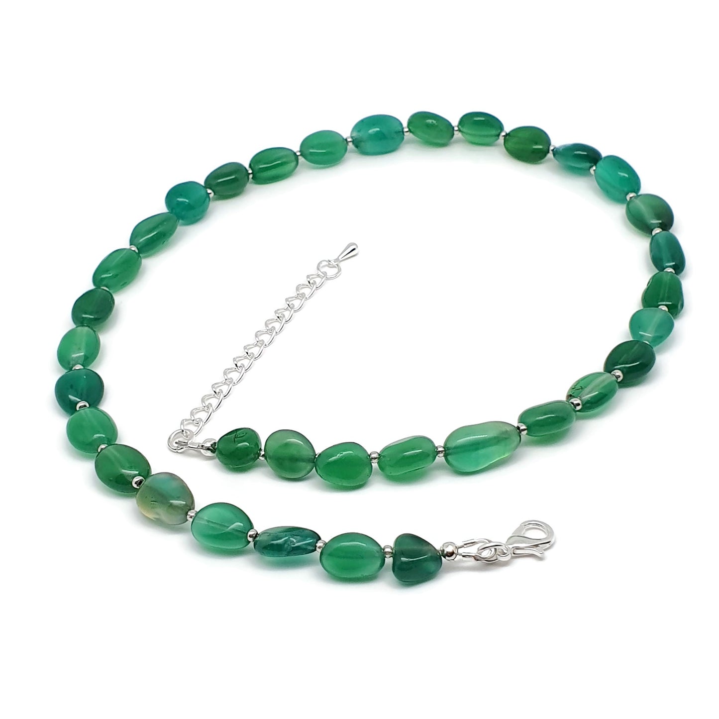 Green Agate Beaded Nuggets Collar Necklace Silver Plated