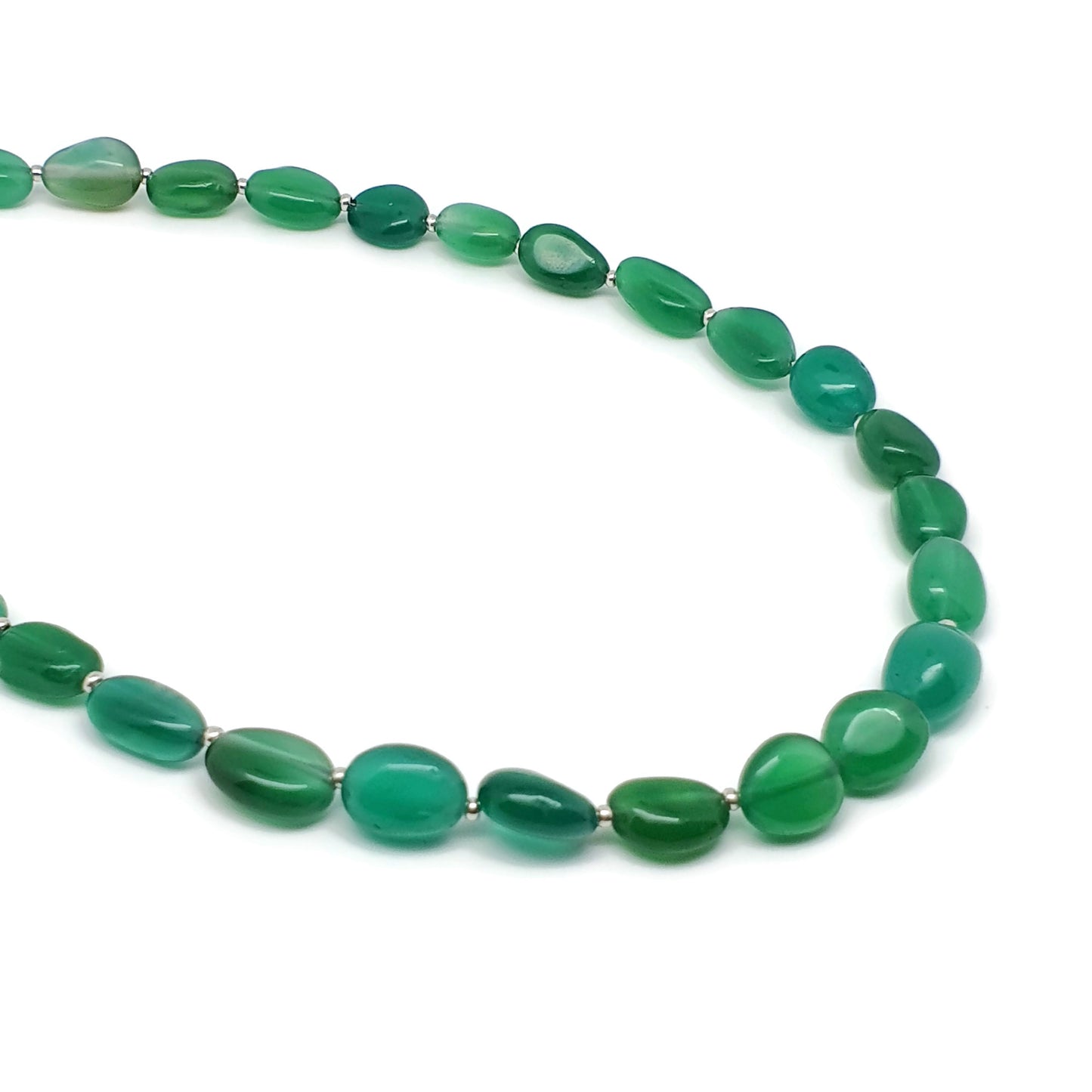 Green Agate Beaded Nuggets Collar Necklace Silver Plated