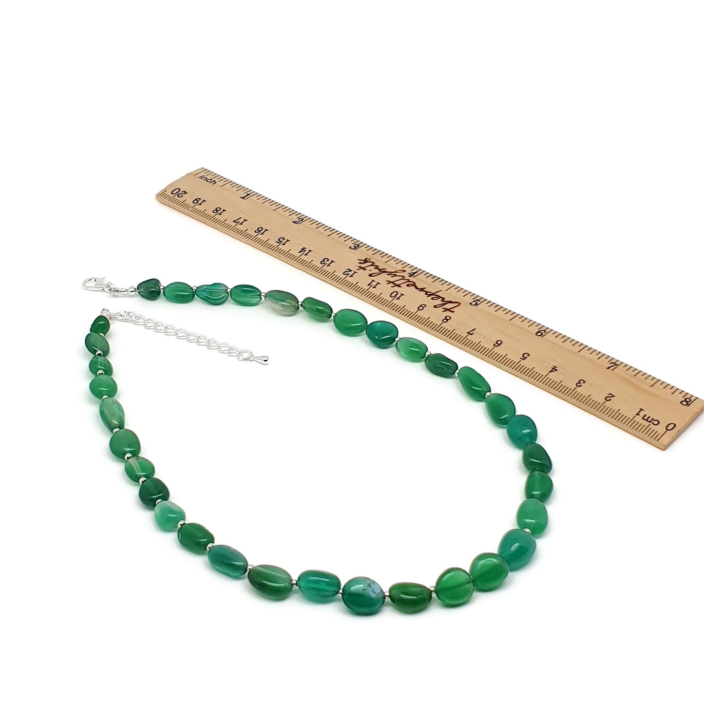 Green Agate Beaded Nuggets Collar Necklace Silver Plated