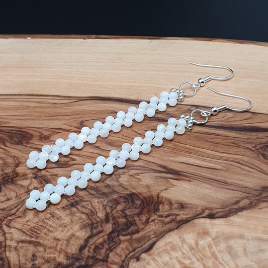 Long White Beaded Earrings Natural Mother Of Pearl Dangle Drop