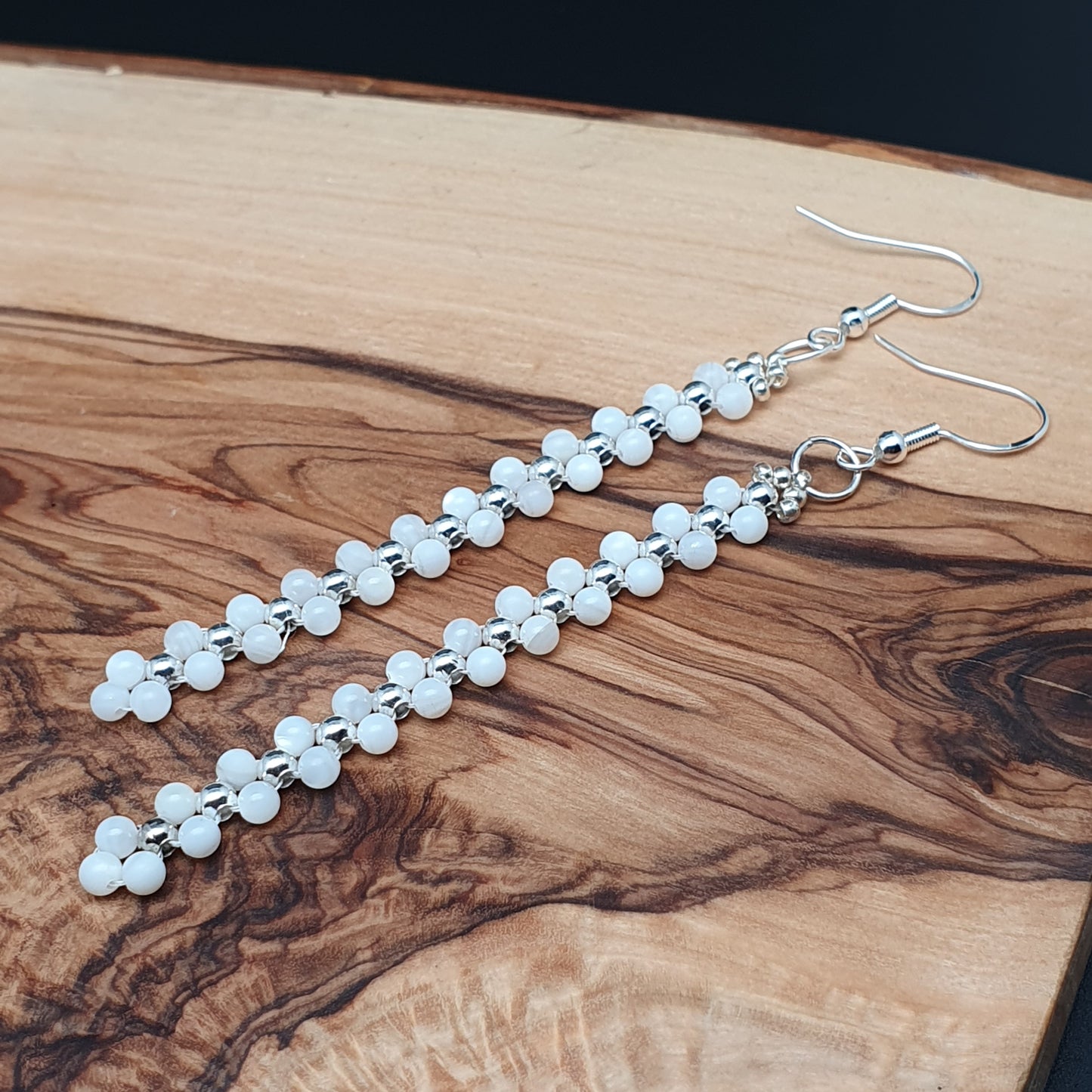 Long White Beaded Earrings Natural Mother Of Pearl Dangle Drop