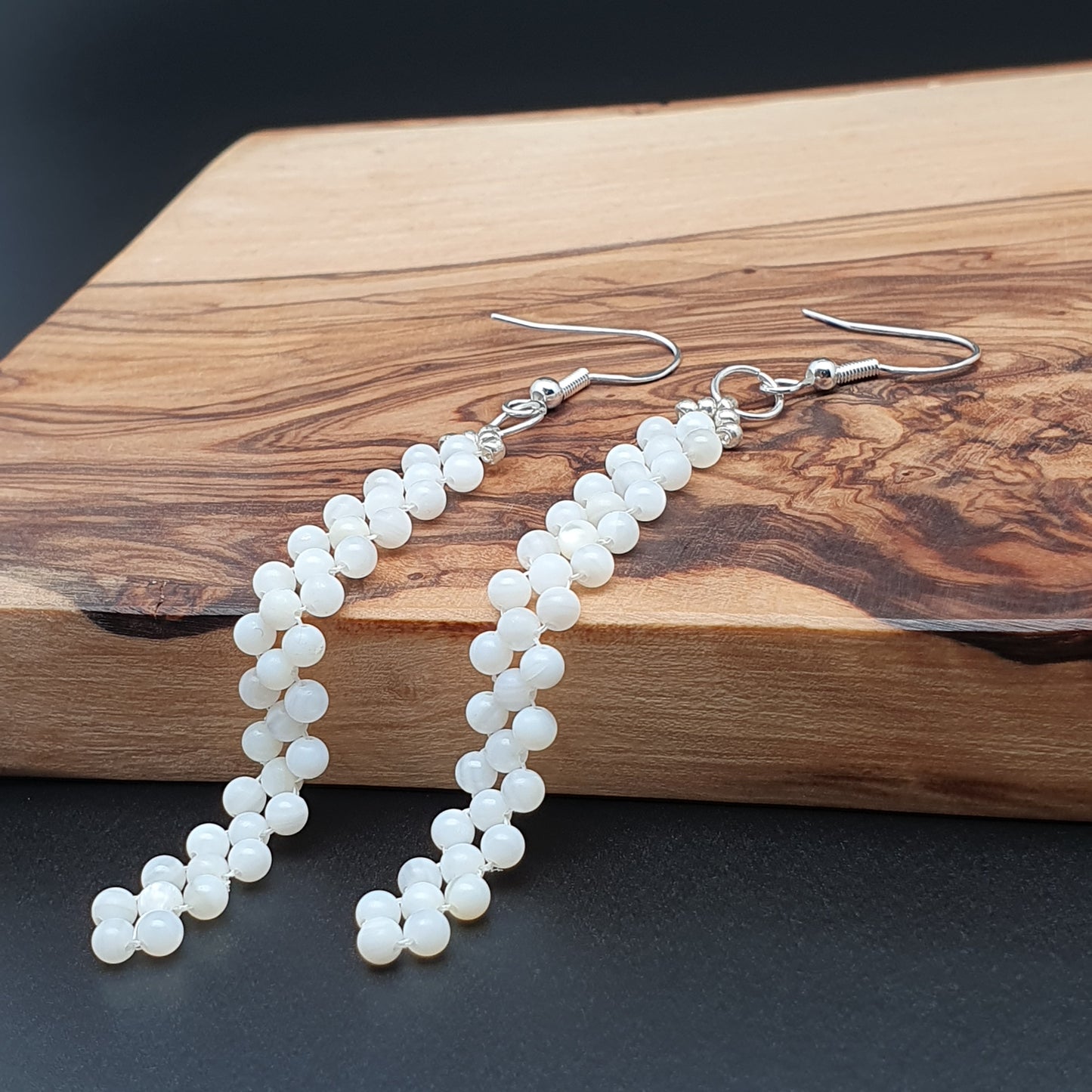 Long White Beaded Earrings Natural Mother Of Pearl Dangle Drop