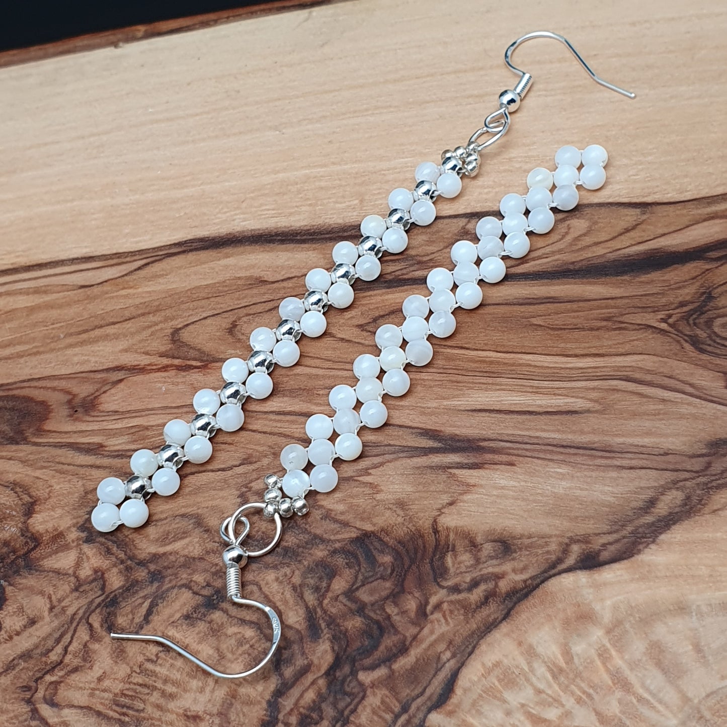 Long White Beaded Earrings Natural Mother Of Pearl Dangle Drop