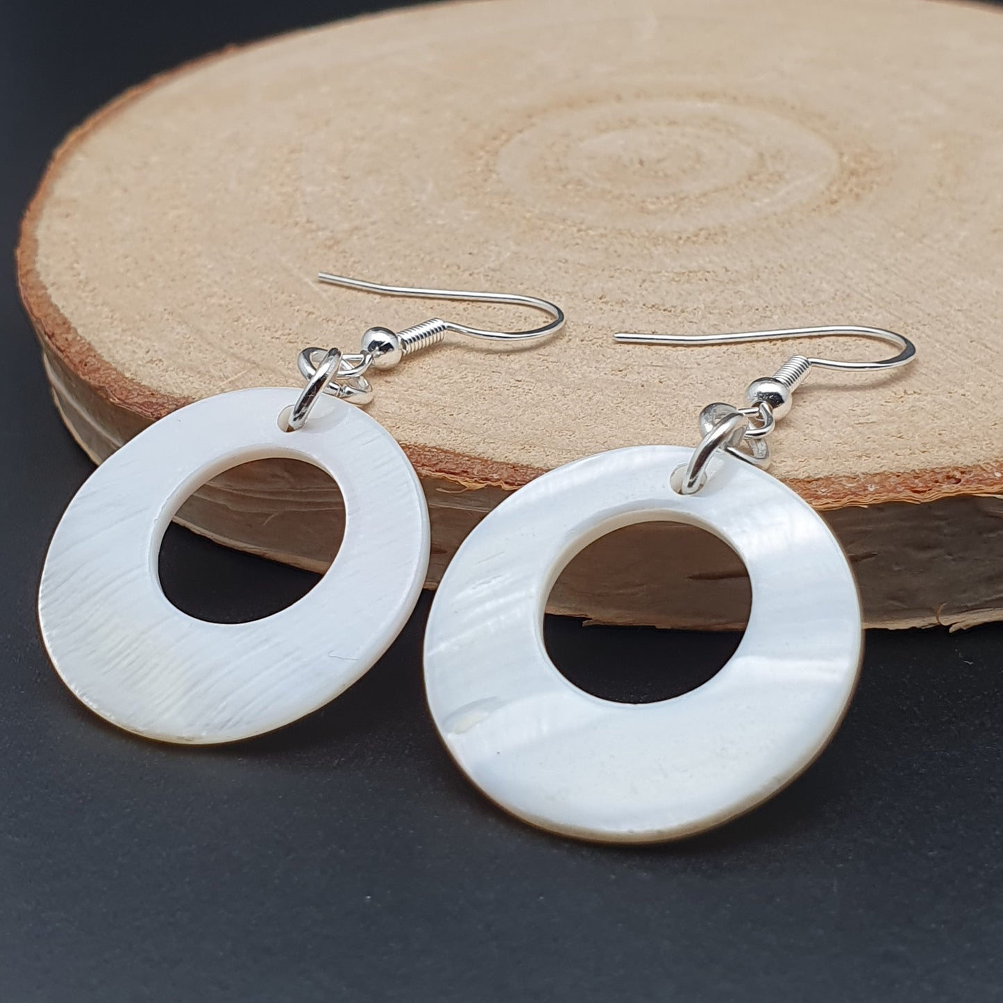 White Mother Of Pearl Hoop Earrings Dangle Drop Natural Shell Disc