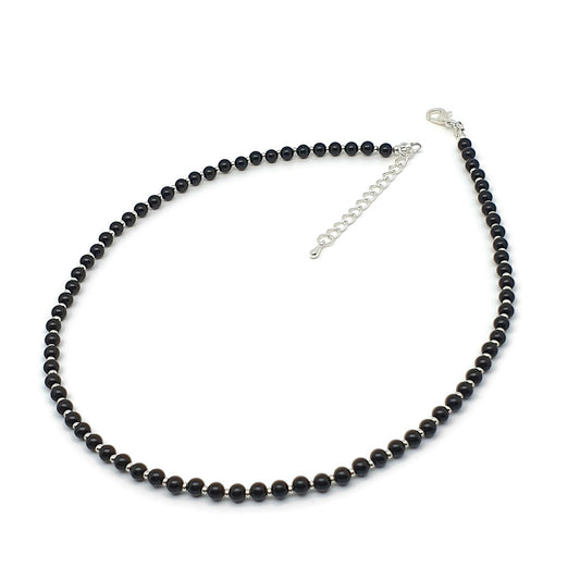 Black Agate Beaded Collar Necklace Silver Plated