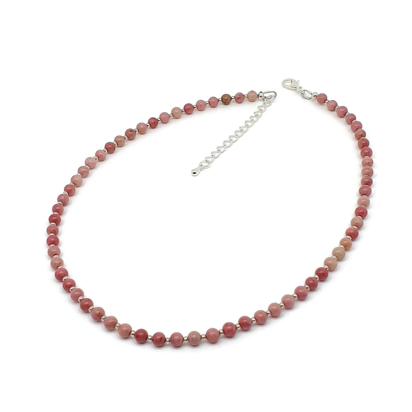 Pink Rhodonite Beaded Collar Necklace Silver Plated