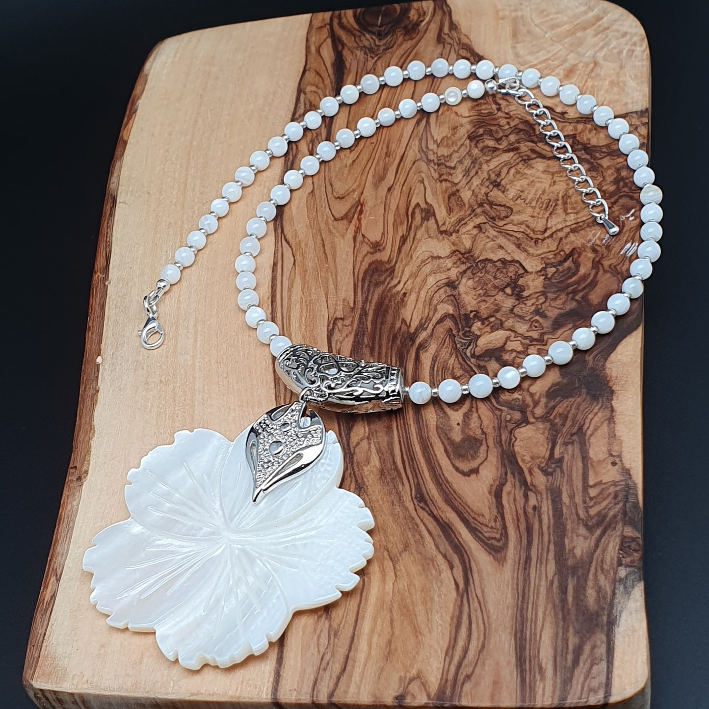 White Mother Of Pearl Beaded Collar Necklace Large Flower Pendant