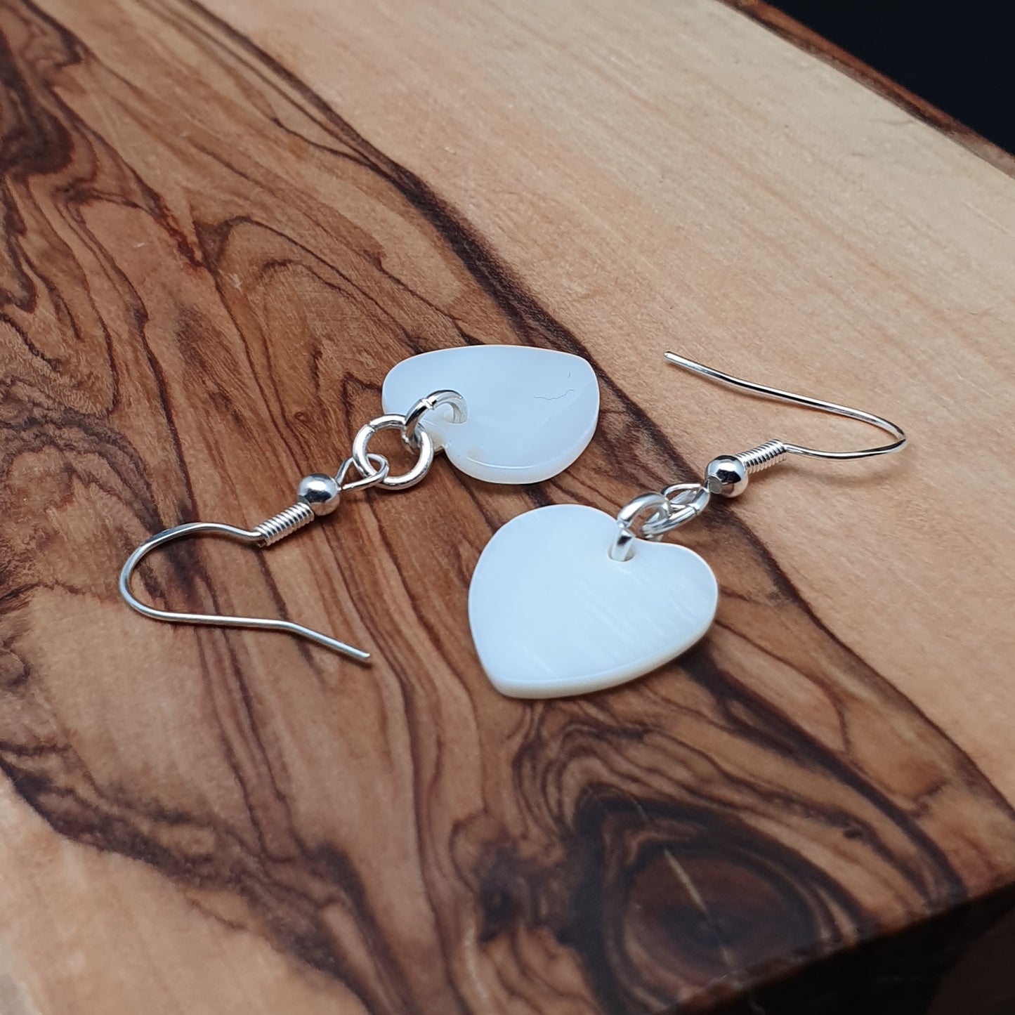 White Mother Of Pearl Heart Earrings Natural Shell Dangle Drop