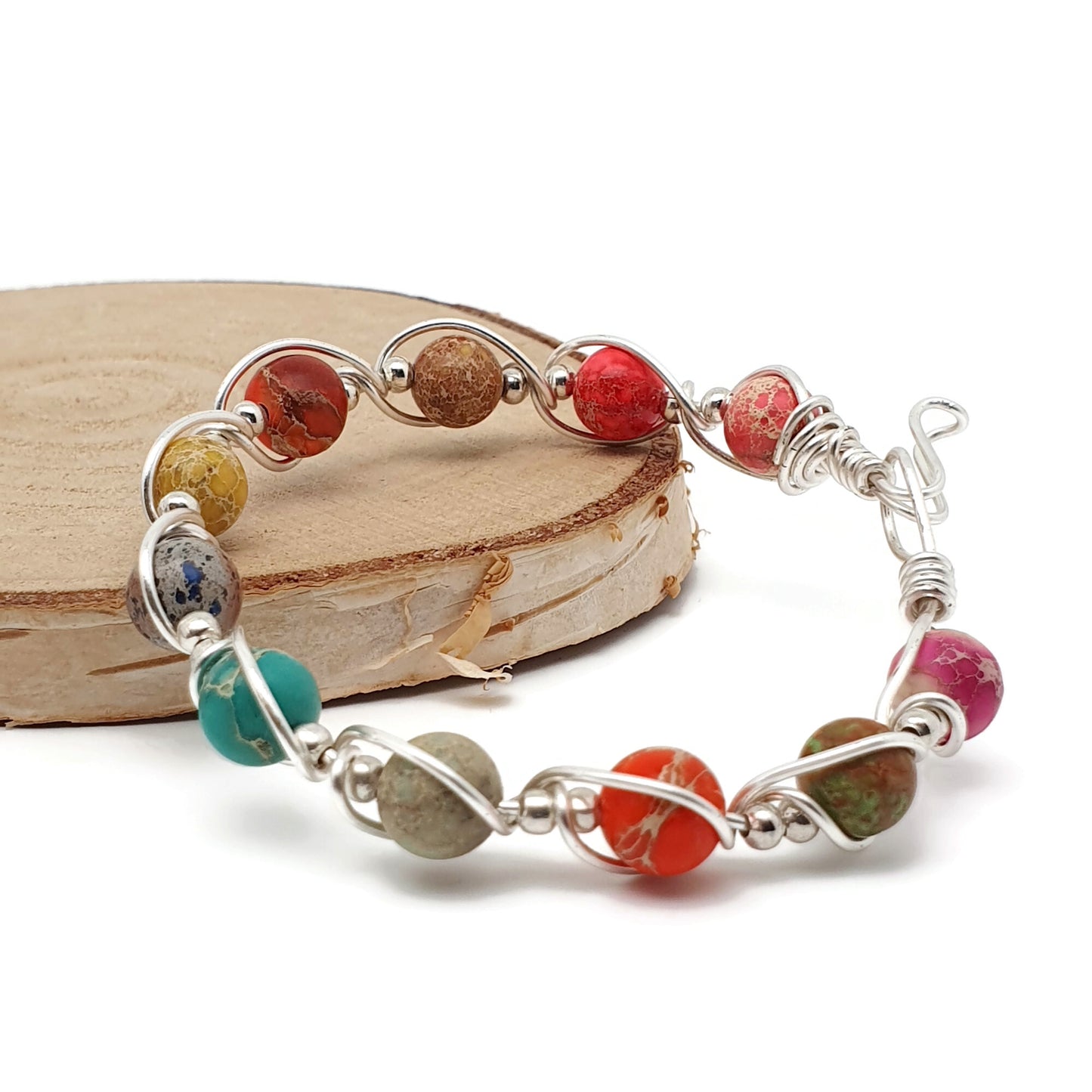 Wire Wrapped Gemstone Bangle Bracelet Silver Plated Copper