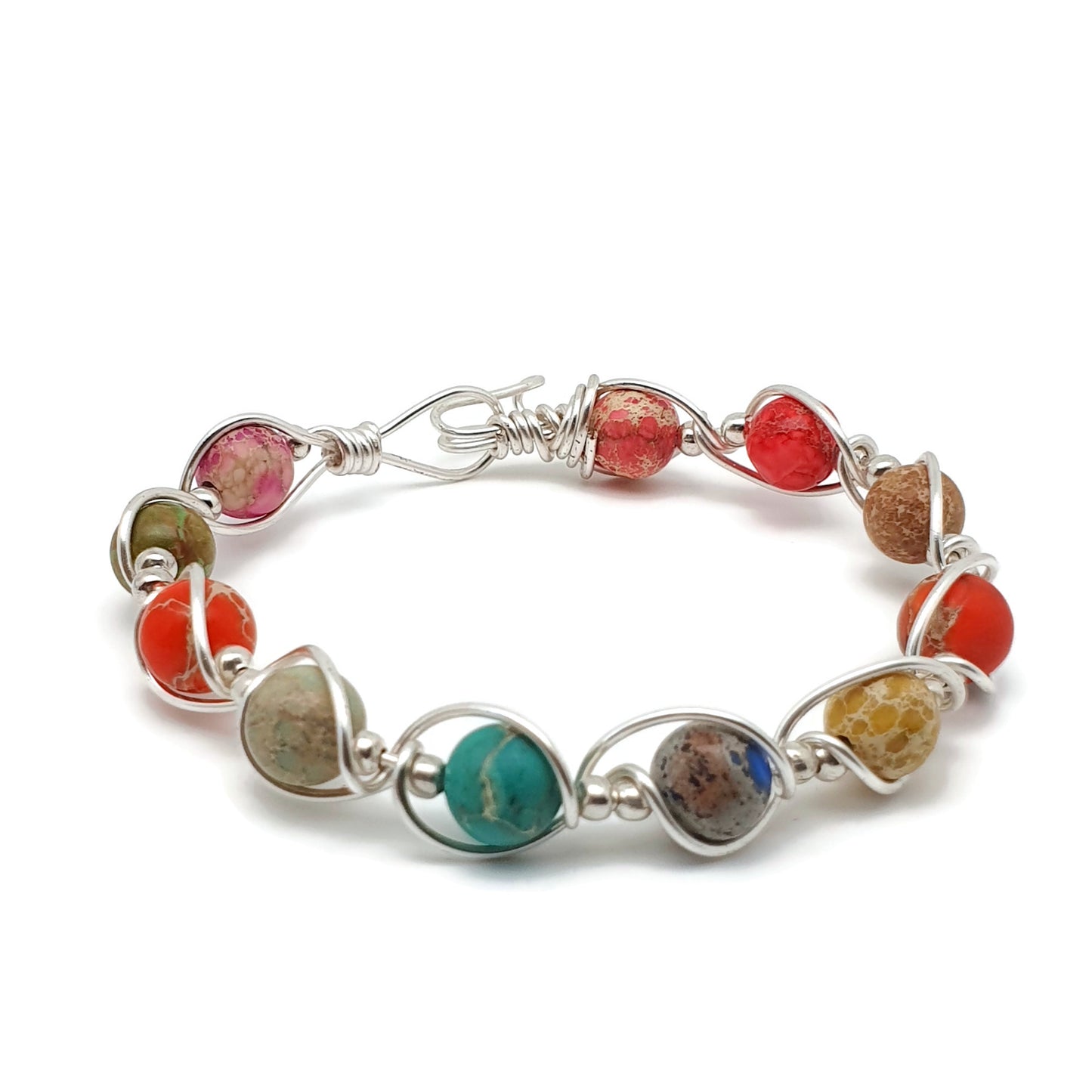 Wire Wrapped Gemstone Bangle Bracelet Silver Plated Copper