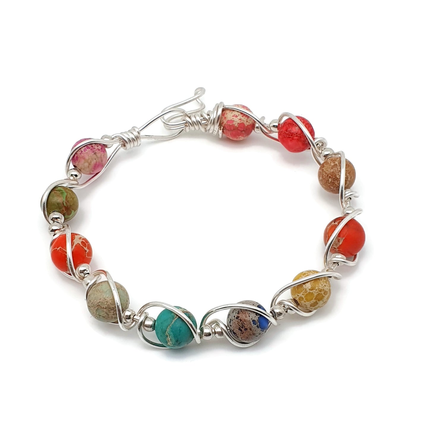 Wire Wrapped Gemstone Bangle Bracelet Silver Plated Copper