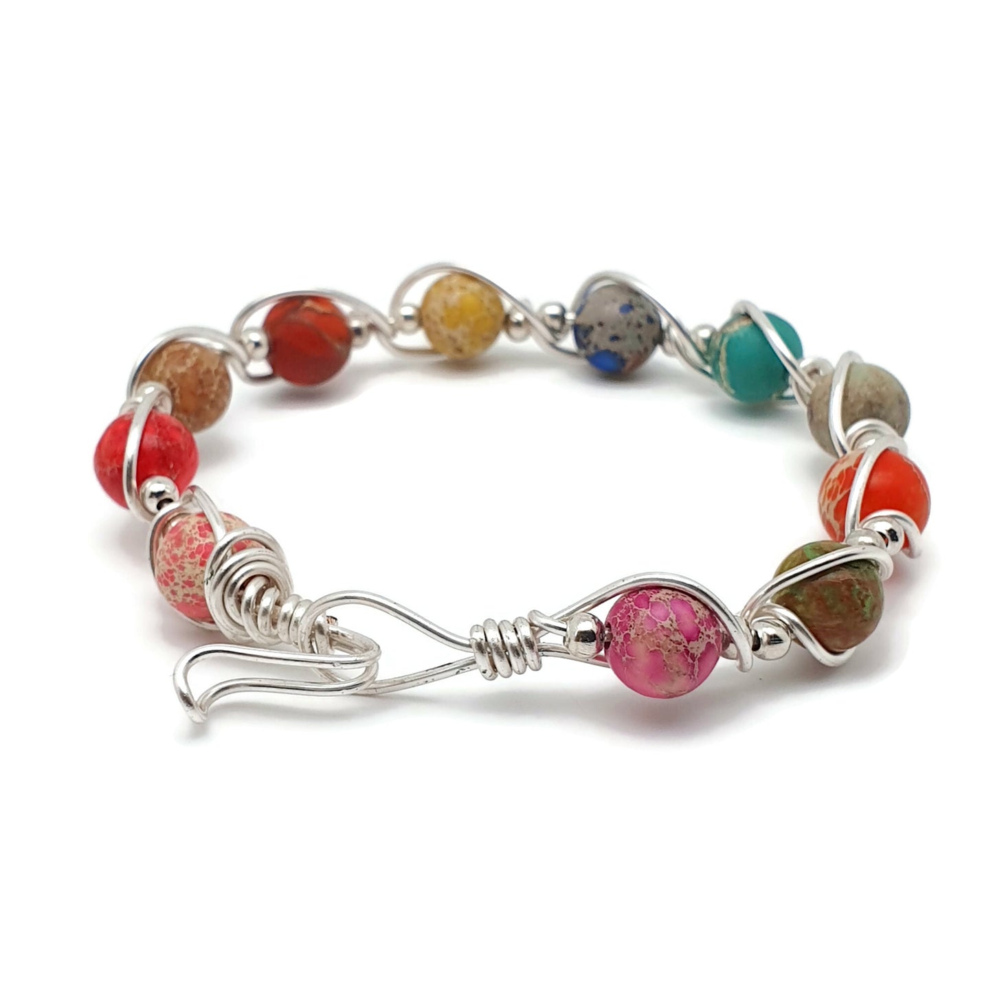 Wire Wrapped Gemstone Bangle Bracelet Silver Plated Copper