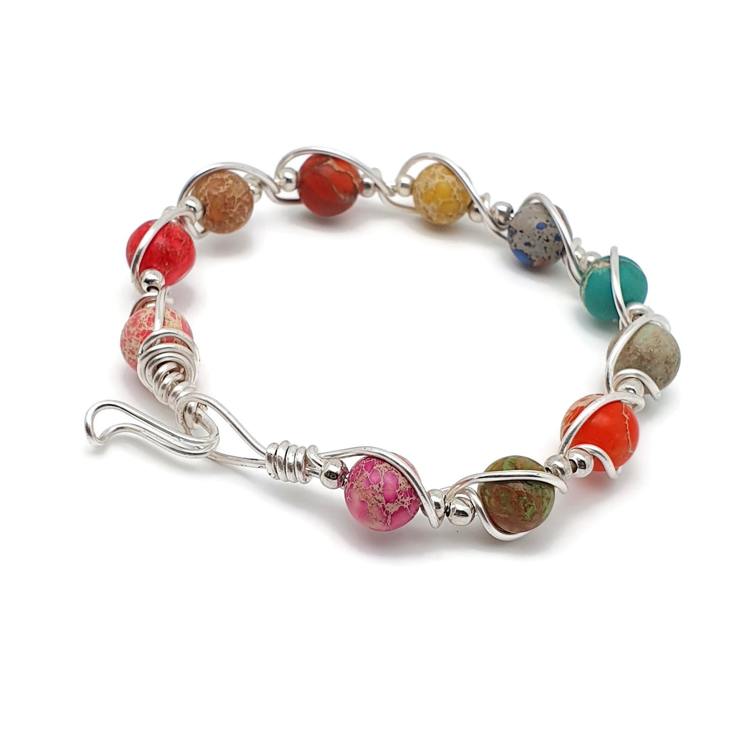 Wire Wrapped Gemstone Bangle Bracelet Silver Plated Copper