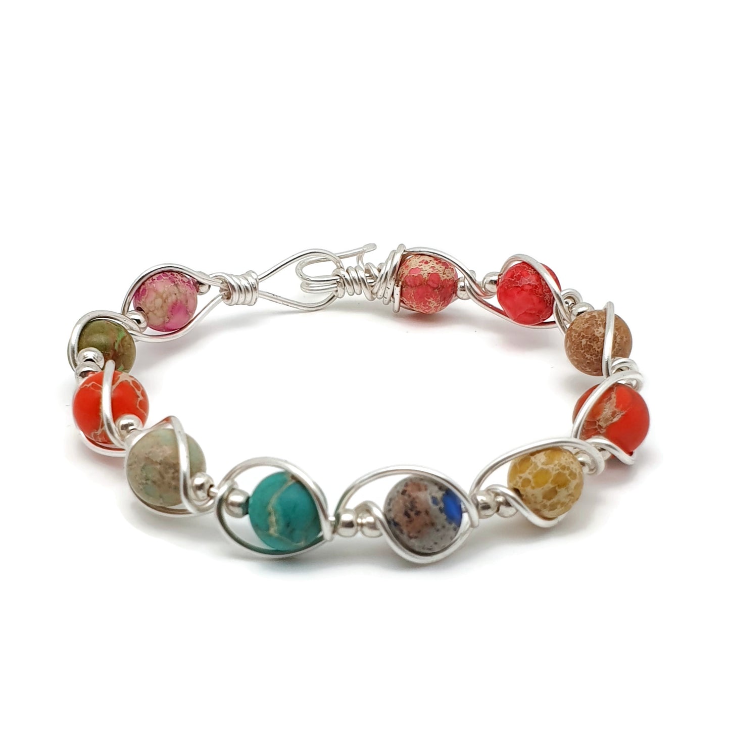 Wire Wrapped Gemstone Bangle Bracelet Silver Plated Copper