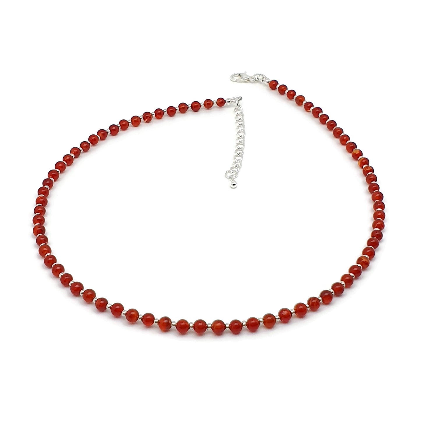 Beaded Carnelian Necklace Burnt Orange Gemstone Collar Silver Plated