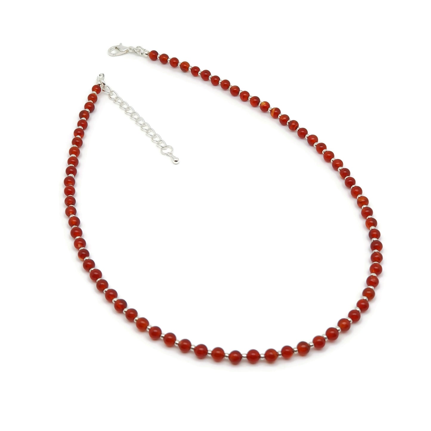 Beaded Carnelian Necklace Burnt Orange Gemstone Collar Silver Plated