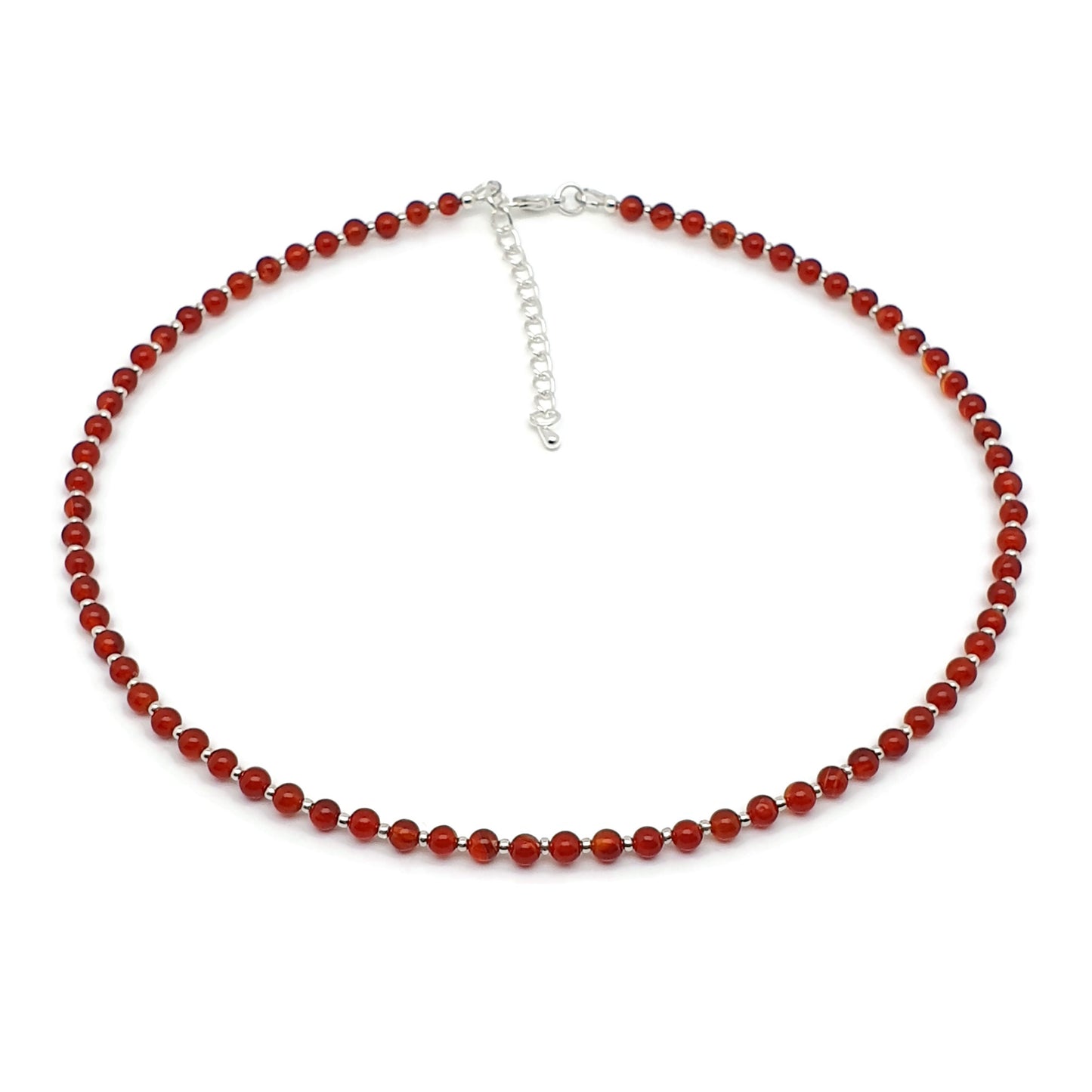 Beaded Carnelian Necklace Burnt Orange Gemstone Collar Silver Plated