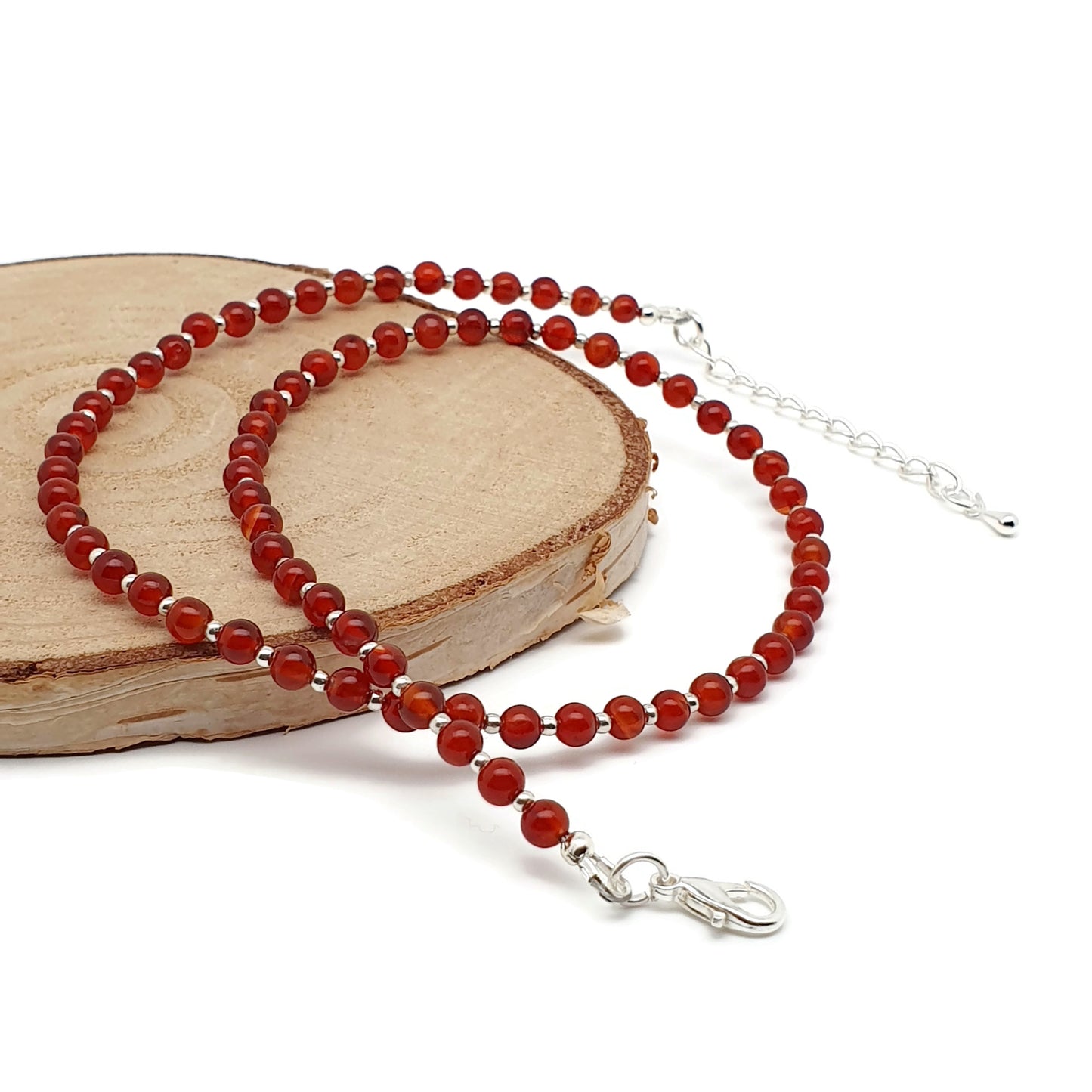 Beaded Carnelian Necklace Burnt Orange Gemstone Collar Silver Plated