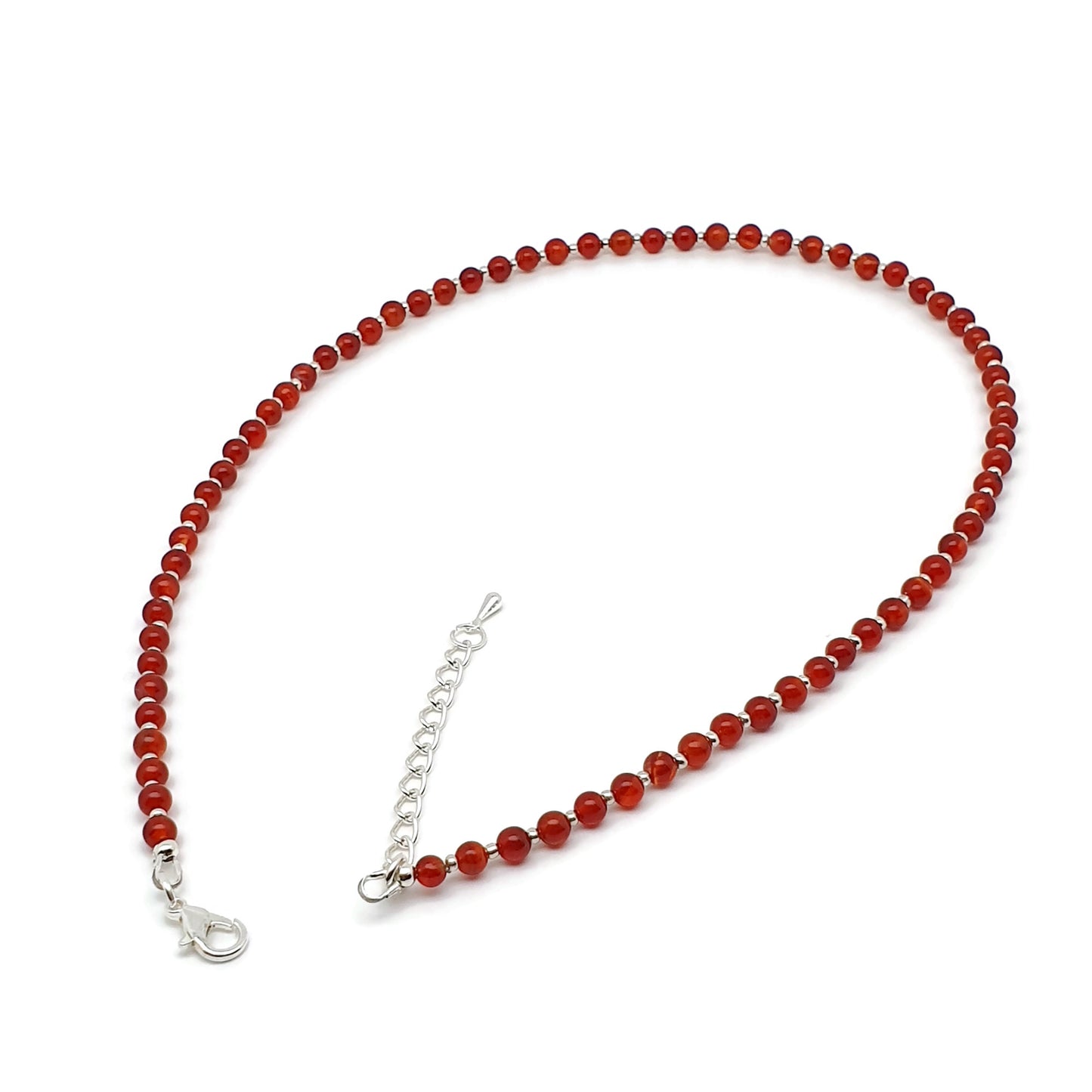 Beaded Carnelian Necklace Burnt Orange Gemstone Collar Silver Plated