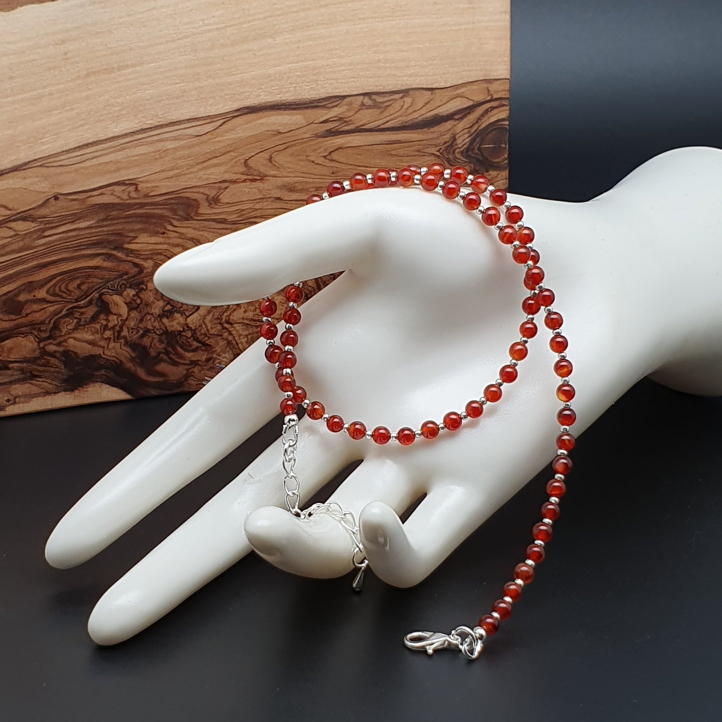 Beaded Carnelian Necklace Burnt Orange Gemstone Collar Silver Plated