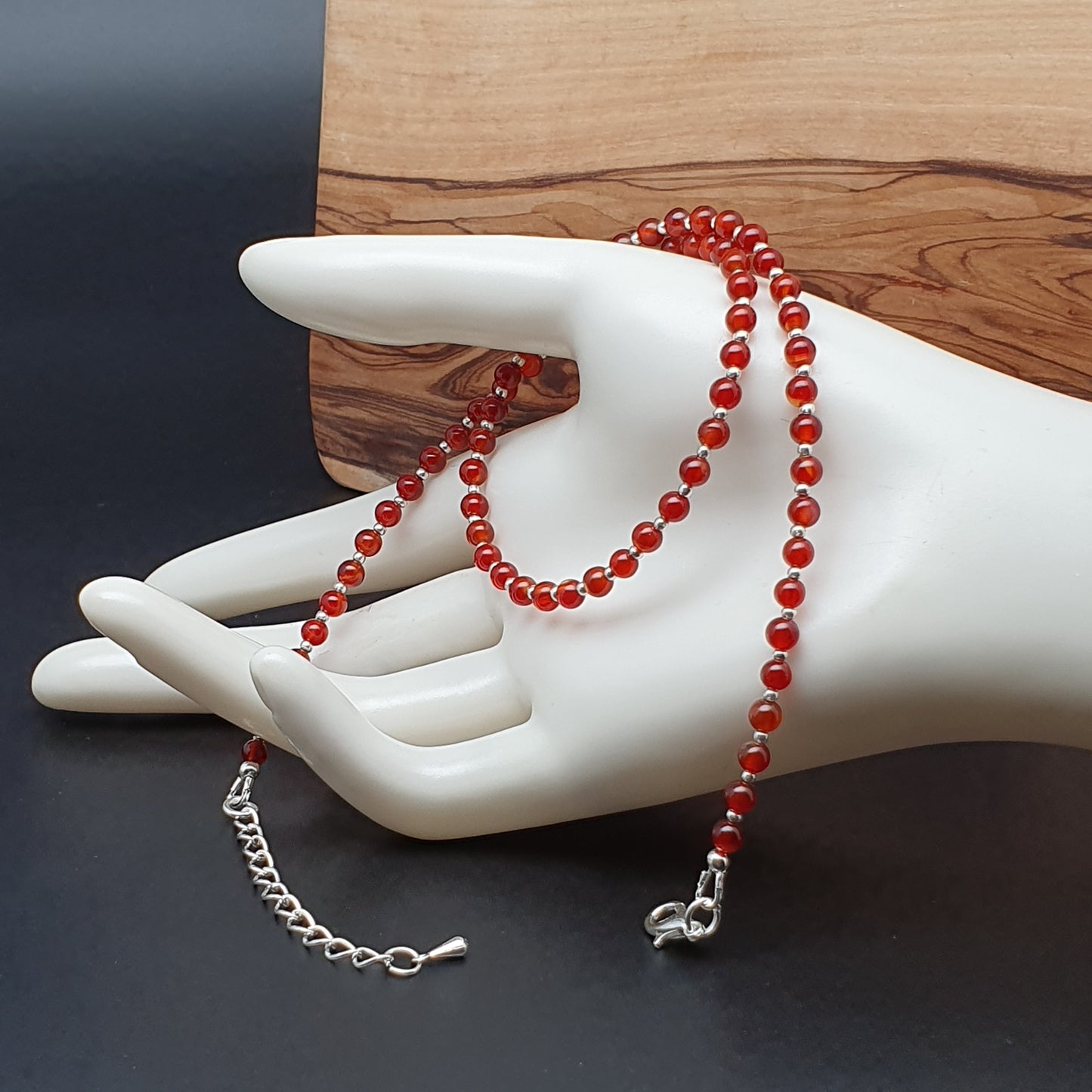 Beaded Carnelian Necklace Burnt Orange Gemstone Collar Silver Plated