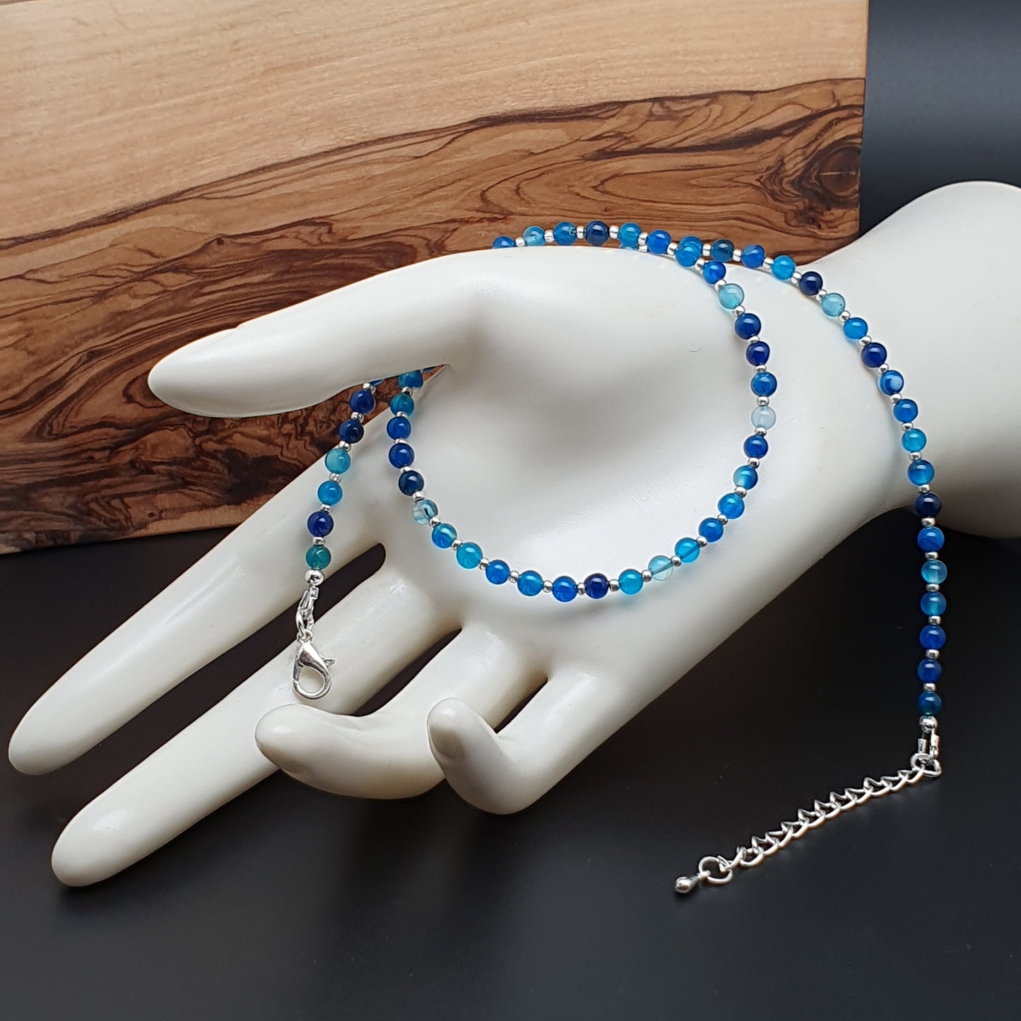 Blue Agate Beaded Collar Necklace Silver Plated