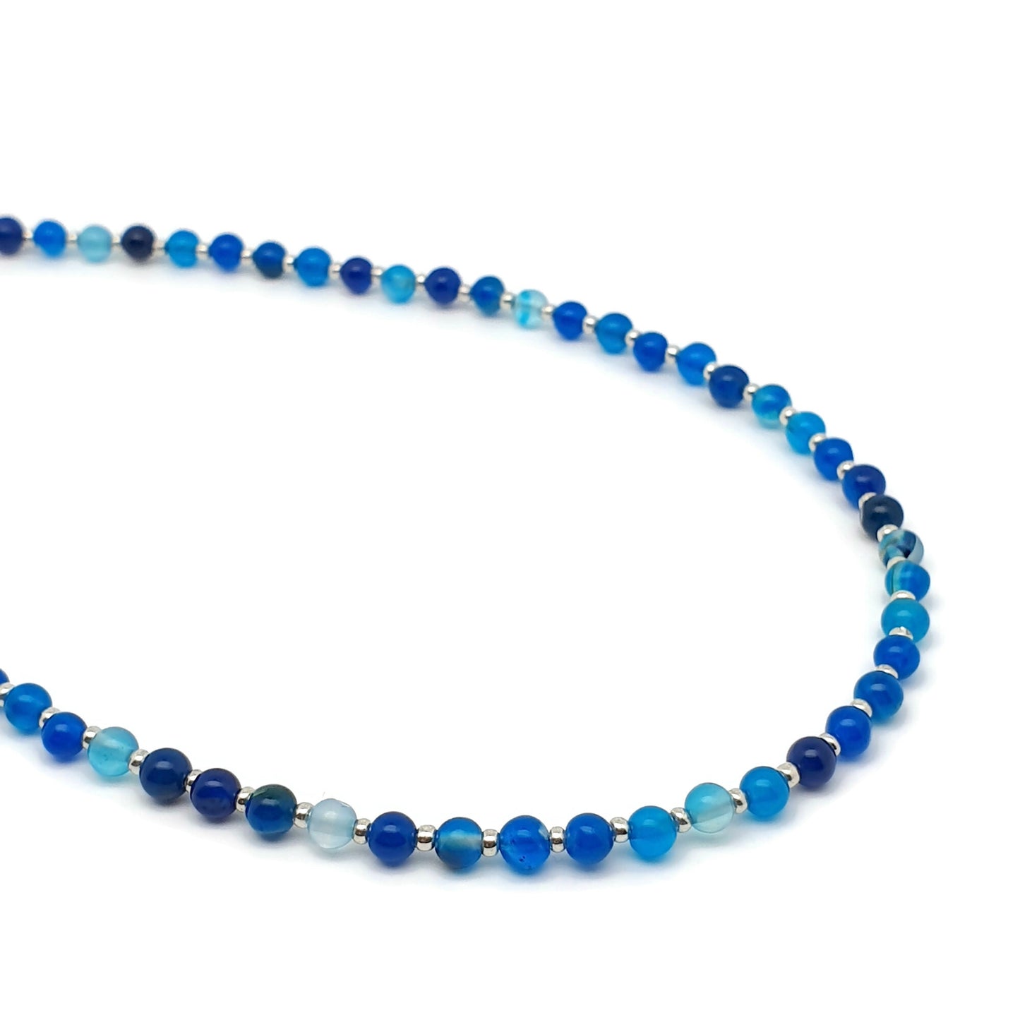 Blue Agate Beaded Collar Necklace Silver Plated