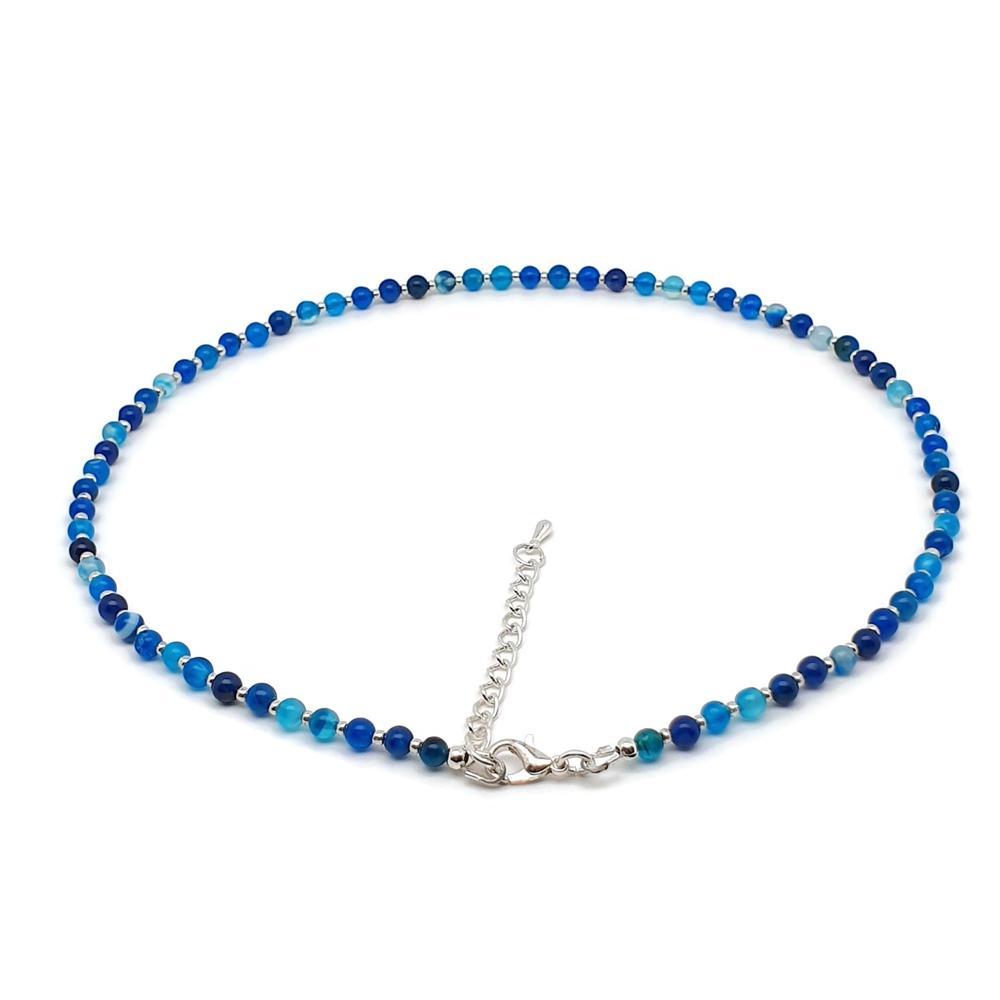 Blue Agate Beaded Collar Necklace Silver Plated