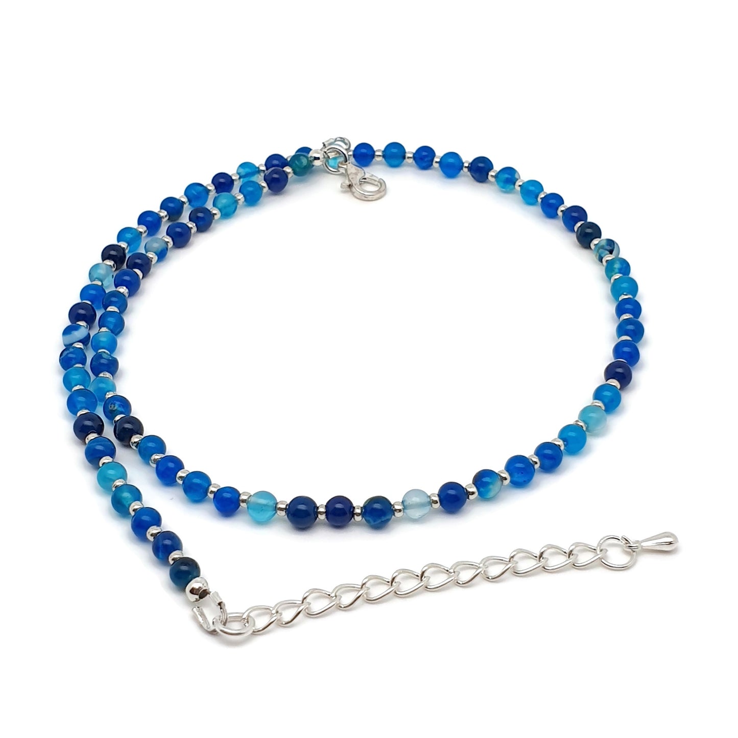 Blue Agate Beaded Collar Necklace Silver Plated