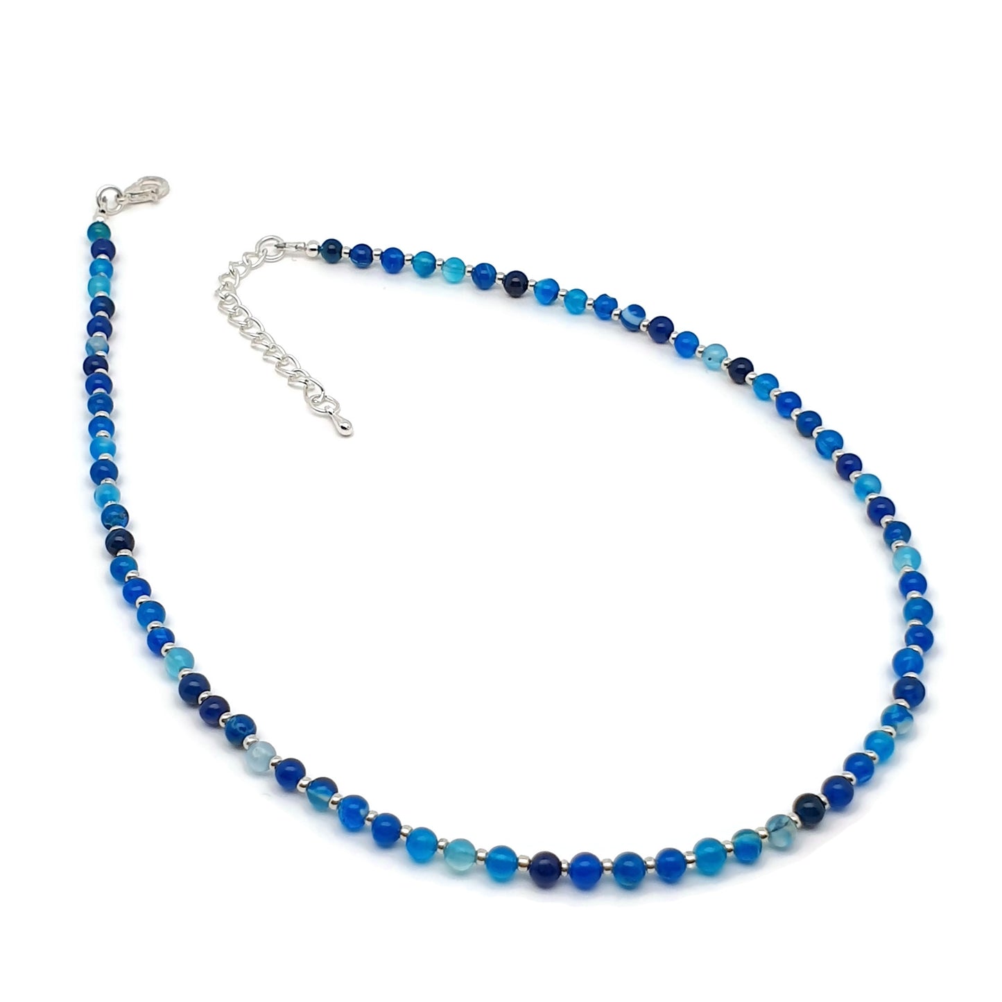 Blue Agate Beaded Collar Necklace Silver Plated